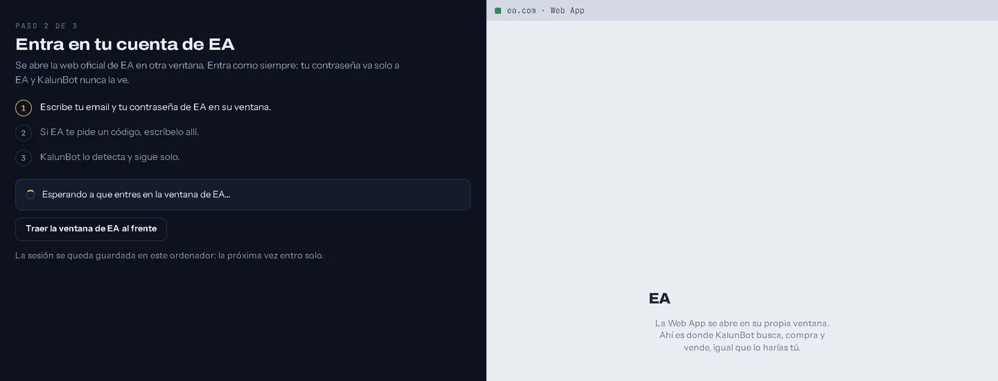 A la izquierda KalunBot con los tres pasos para entrar en EA; a la derecha, la ventana de la Web App de EA
