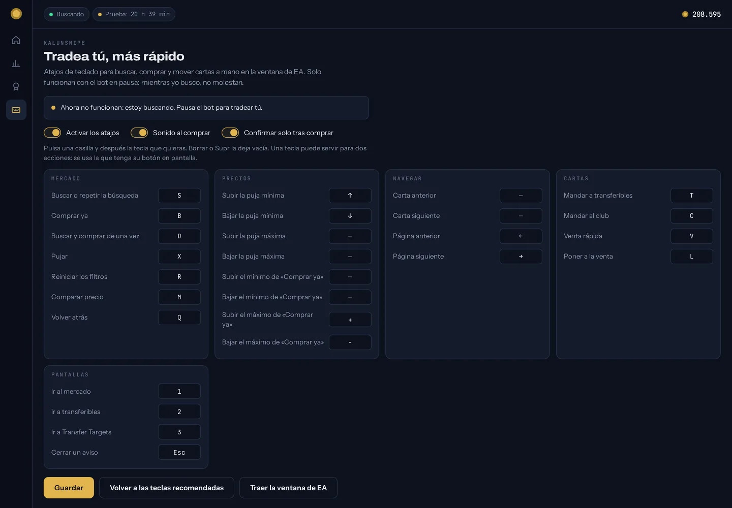 KalunSnipe: atajos de teclado para buscar, comprar, pujar y poner a la venta en la ventana de EA, agrupados en Mercado, Precios, Navegar, Cartas y Pantallas