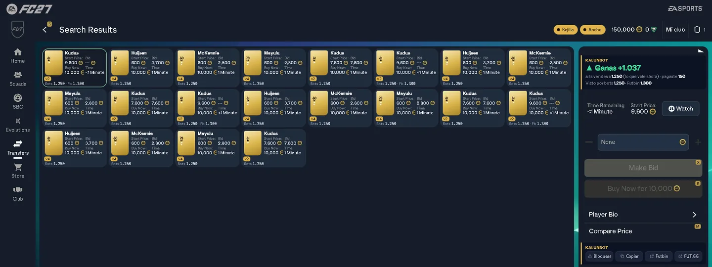La Web App de EA en modo rejilla: los resultados de búsqueda en fichas y, arriba, los interruptores Rejilla y Ancho junto a las monedas