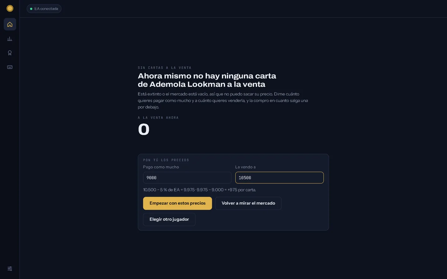 Aviso de que ahora mismo no hay ninguna carta de ese jugador a la venta, con los dos campos para poner tus precios