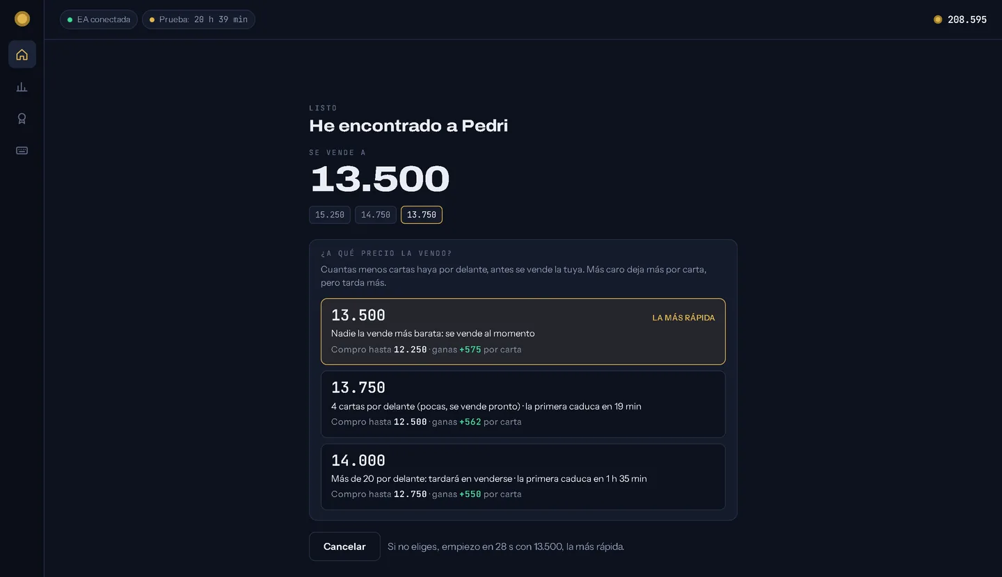 Tres precios de venta para elegir, del que vende más rápido al que más gana, cada uno con las cartas que hay por delante, hasta cuánto compra y cuánto gana por carta