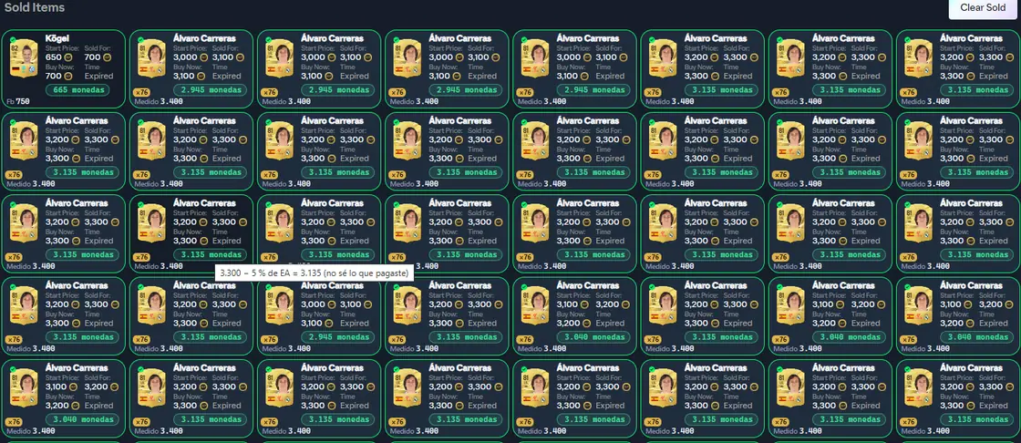 Lista de vendidos de la Web App de EA: decenas de recuadros verdes con la misma carta vendida una y otra vez